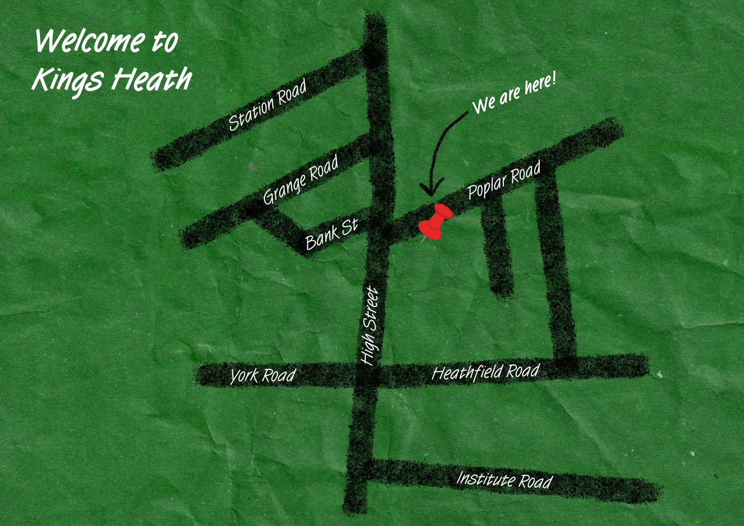 Hand-drawn map of Kings Heath with The Book Tower location pinned